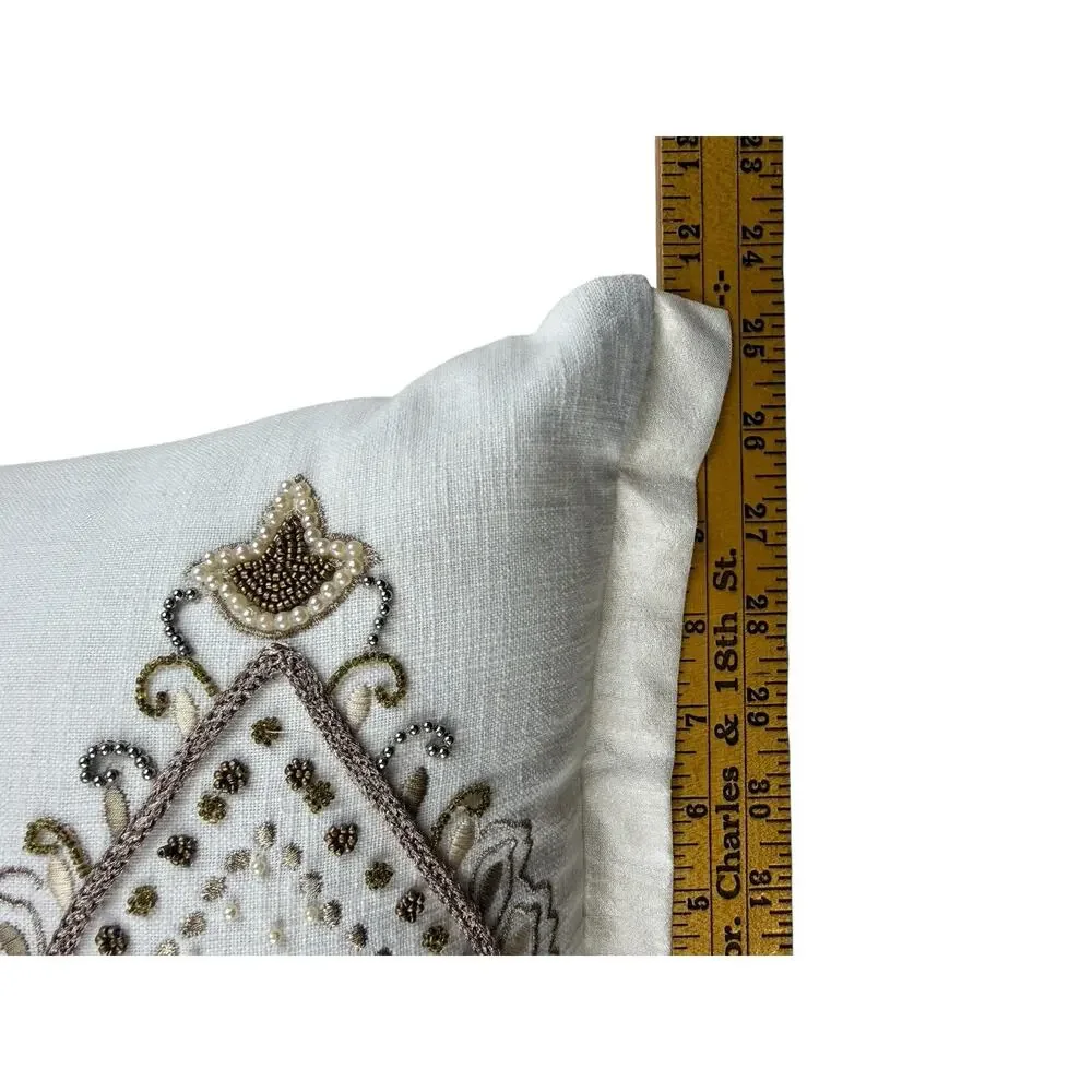 Pier 1 Throw Pillow Rectangular Linen Silk Beaded Pearl Ivory Gold Boho Chic